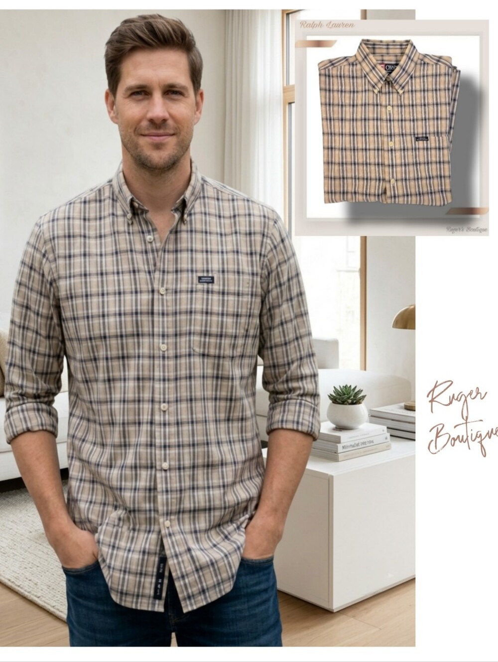 🌿Chaps by Ralph Lauren Men's Medium Button Down Tan/Black Plaid